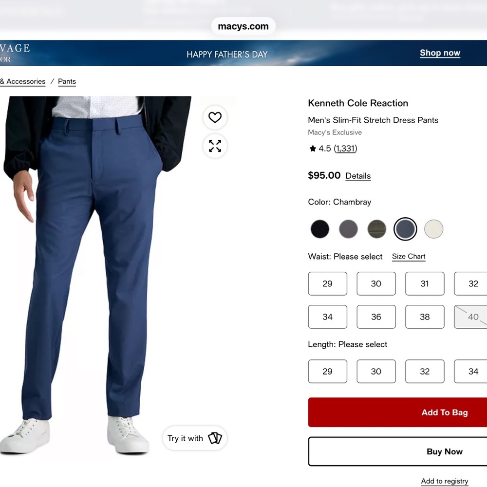 Kenneth Cole Men’s Slim-Fit Dress Pants in Chambray Blue. Size: 34 W x 32 L